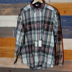 Tommy Hilfiger Dress Shirt L plaid NWT burgundy green